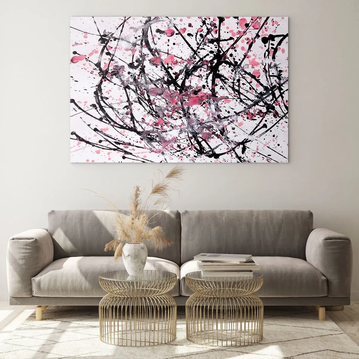 Impression sur verre - Image sur verre - Lignes abstraites dynamiques et taches roses sur fond blanc - 120x80cm - La nature éphémère de la vie - Décoration murale moderne pour le salon et la chambre ARTTOR
