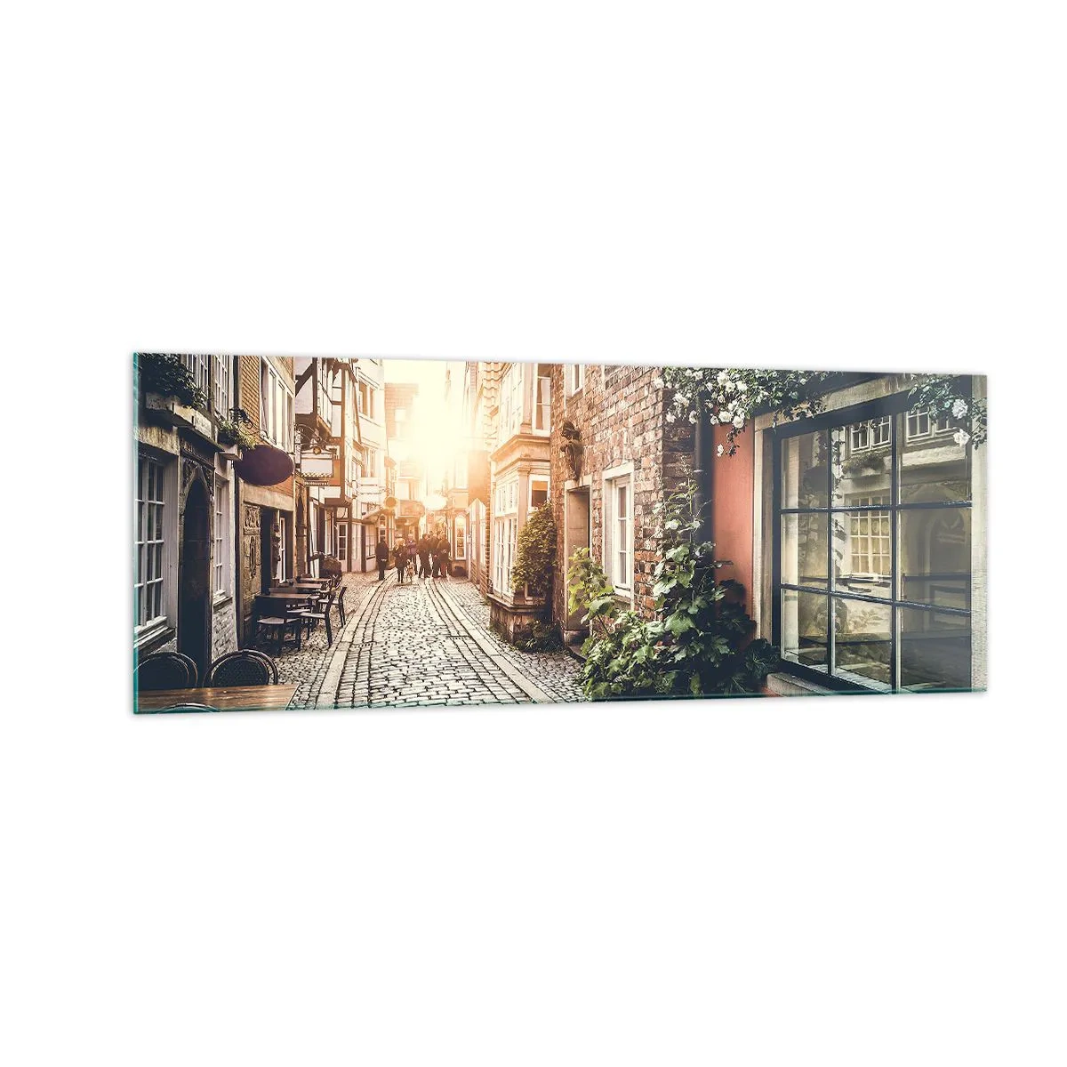 Impression sur verre - Image sur verre - Une charmante rue pavée de pierre et fleurie - 140x50cm - Allée de roses en lueur rose - Décoration murale moderne pour le salon et la chambre ARTTOR