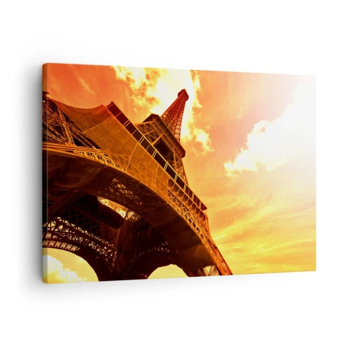 Impression sur toile - Image sur toile - La Tour Eiffel contre un ciel doré au coucher du soleil - 70x50cm - Monumental, car il est doré par le soleil - Décoration murale moderne pour le salon et la chambre ARTTOR