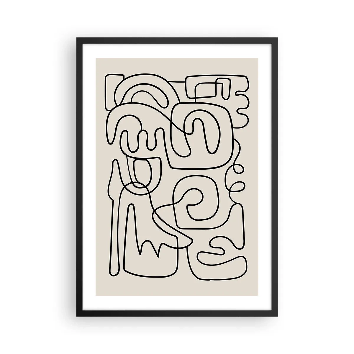 Affiche dans un cadre noir - Poster - Abstraction moderne sous la forme d'une ligne noire sur fond beige - 50x70cm - Suivez les indices - Décoration murale moderne pour le salon et la chambre ARTTOR