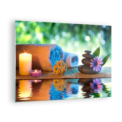 Impression sur verre - Image sur verre - Spa avec serviettes, bougies et pierres dans un décor naturel - 70x50cm - Temps pour le corps - Décoration murale moderne pour le salon et la chambre ARTTOR
