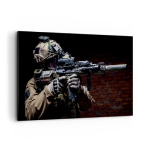Impression sur toile - Image sur toile - Un soldat en équipement complet avec un fusil - 120x80cm - Meurtrier efficace - Décoration murale moderne pour le salon et la chambre ARTTOR