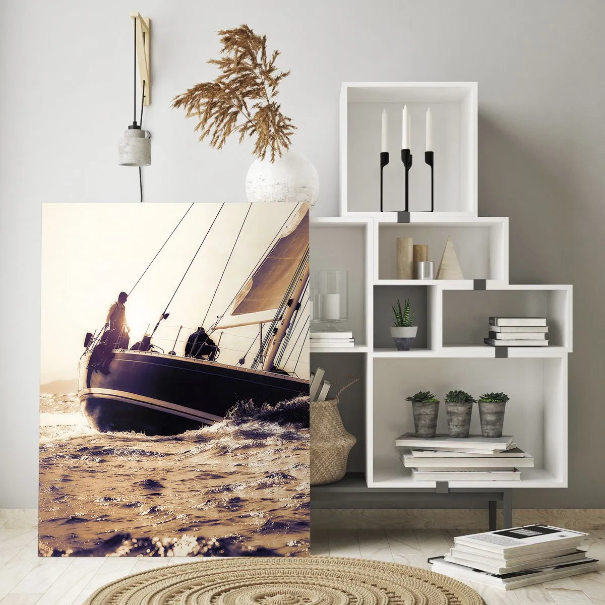 Impression sur verre - Image sur verre - Un yacht sur une mer agitée à la lumière du soleil couchant - 70x100cm - Navigue, marin - Décoration murale moderne pour le salon et la chambre ARTTOR