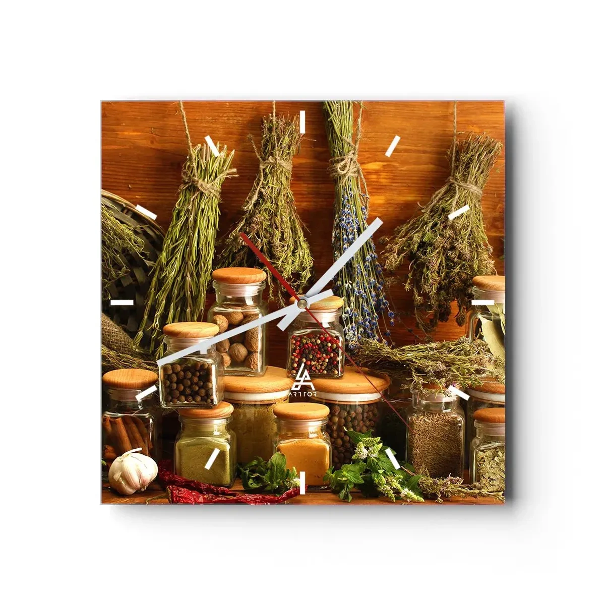 Horloge murale - Pendule murale - Herbes et épices en pots sur fond rustique - 30x30cm - Sortilèges de cuisine - Décoration murale moderne pour le salon et la chambre ARTTOR
