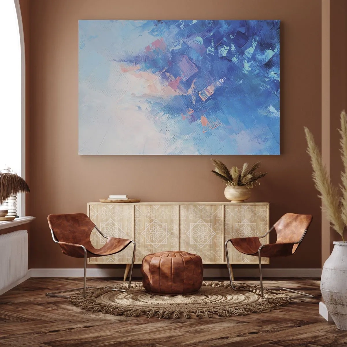 Impression sur toile - Image sur toile - Composition abstraite dans les tons de bleu et de rose - 70x50cm - Abstraction hivernale - Décoration murale moderne pour le salon et la chambre ARTTOR