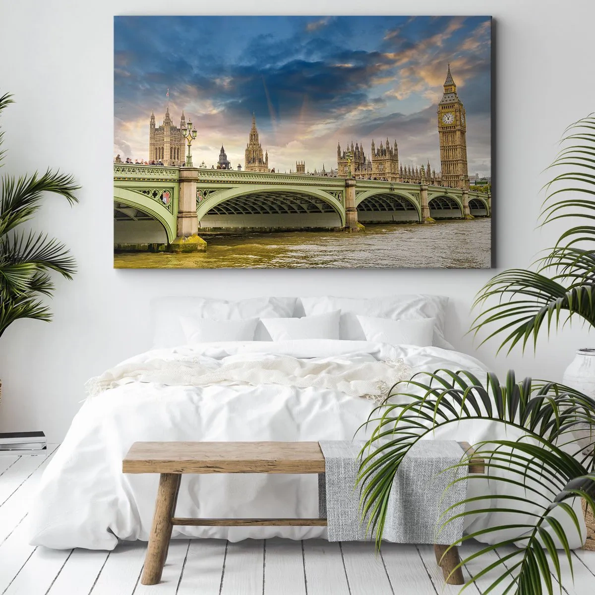 Impression sur toile - Image sur toile - Big Ben et le pont de Westminster contre le ciel au crépuscule - 70x50cm - Le temps s'est arrêté dans l'Empire - Décoration murale moderne pour le salon et la chambre ARTTOR