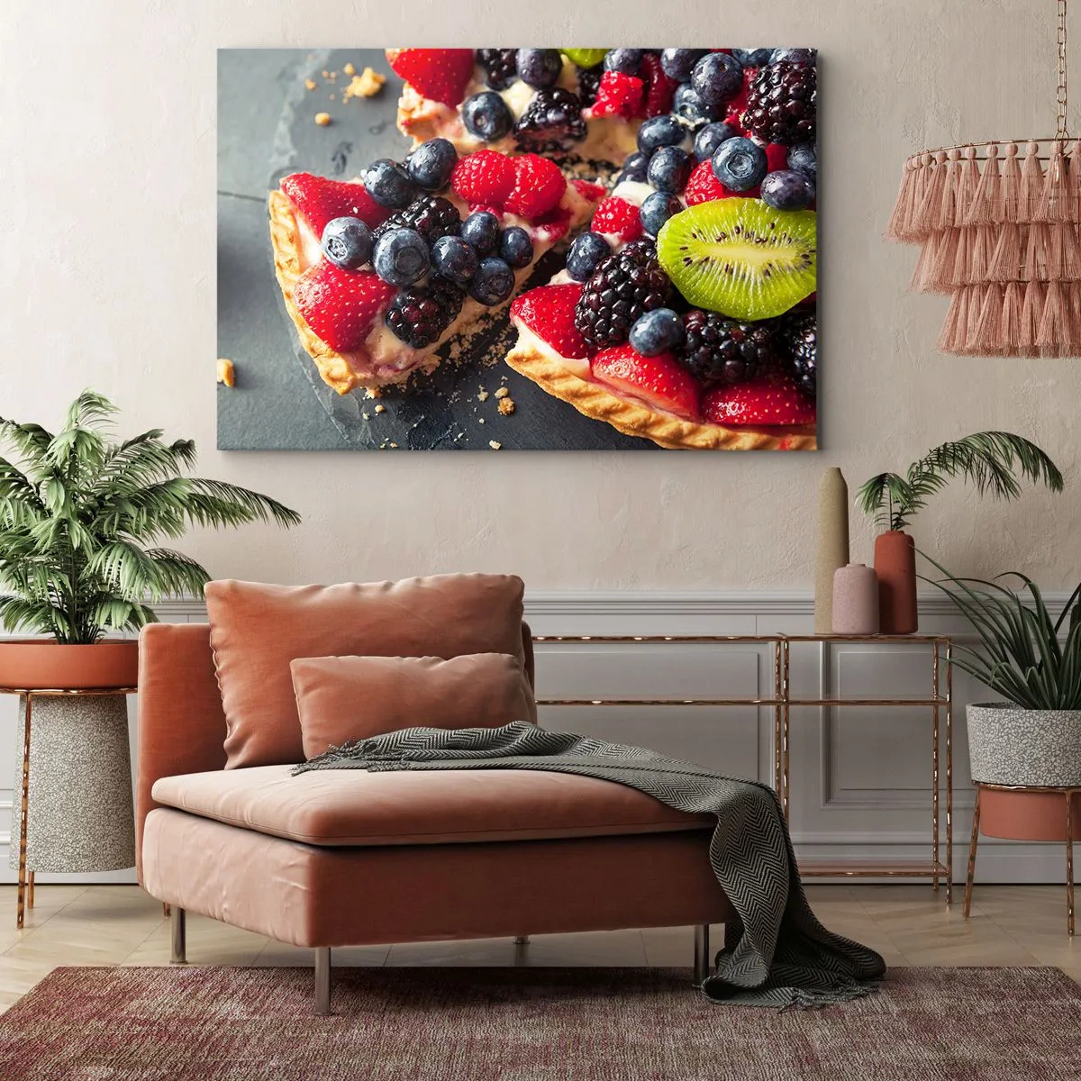Impression sur toile - Image sur toile - Tarte colorée aux fruits et à la crème - 100x70cm - Dolce vita! - Décoration murale moderne pour le salon et la chambre ARTTOR