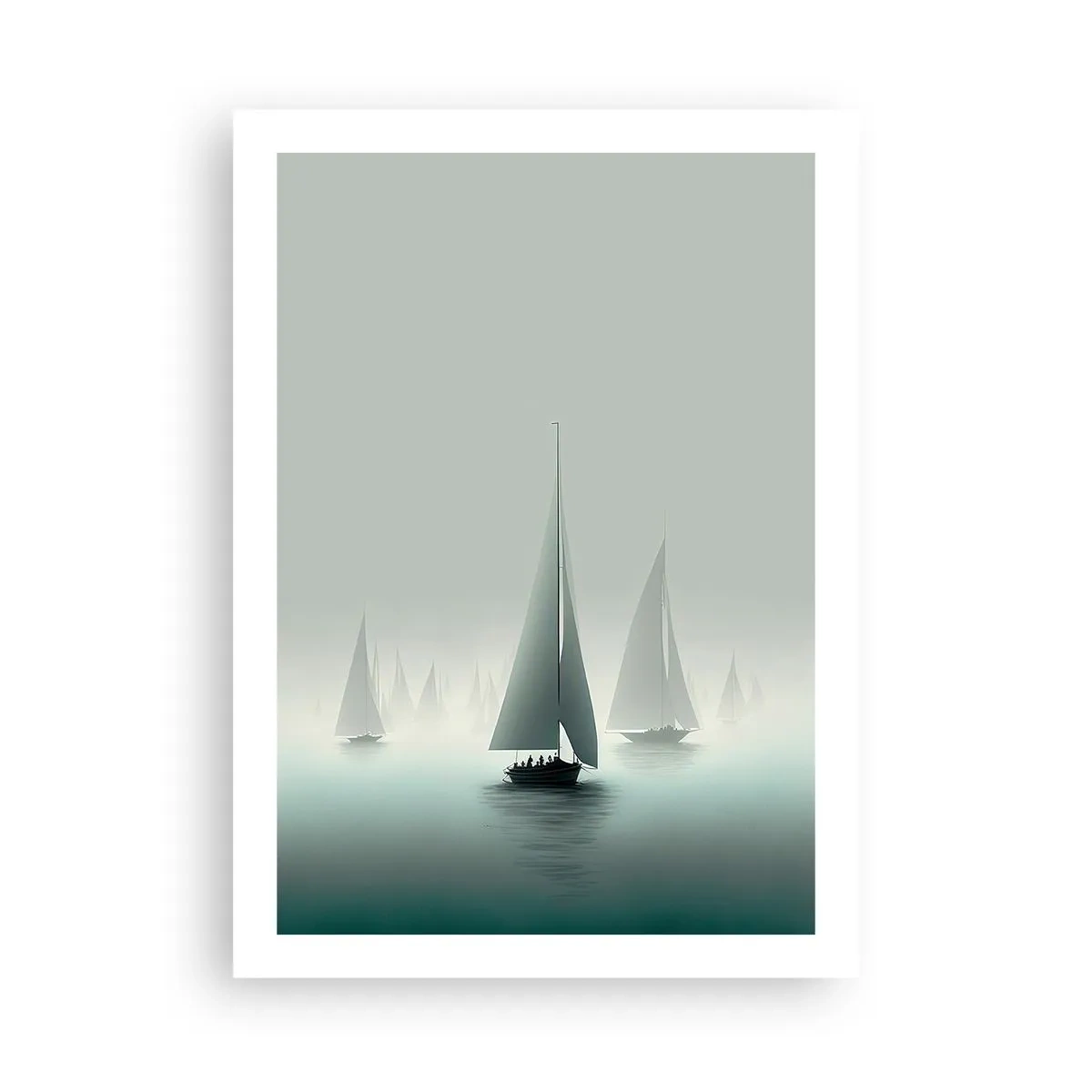 Affiche - Poster - Un groupe de voiliers naviguant sur une mer brumeuse, entouré d'eaux calmes. - 50x70cm - Fait de brouillard - Décoration murale moderne pour le salon et la chambre ARTTOR