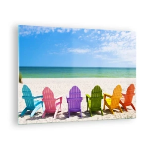 Impression sur verre - Image sur verre - Chaises colorées sur une plage de sable avec vue sur la mer - 70x50cm - Plage arc-en-ciel - Décoration murale moderne pour le salon et la chambre ARTTOR