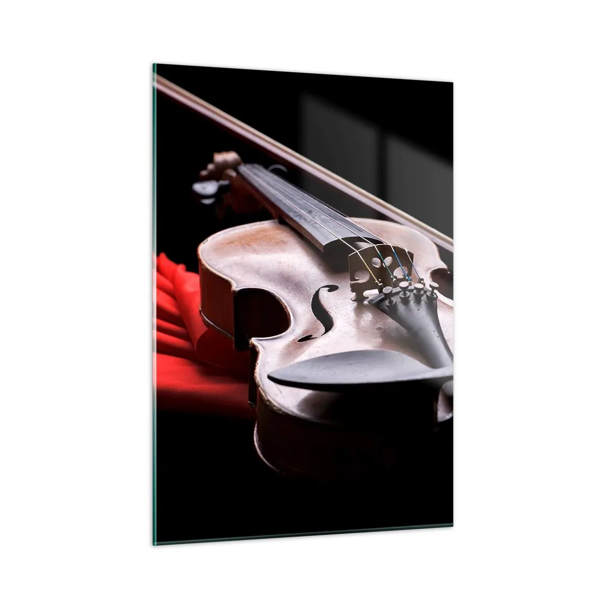 Impression sur verre - Image sur verre - Violon sur tissu rouge sur fond noir - 50x70cm - Musique des sentiments - Décoration murale moderne pour le salon et la chambre ARTTOR