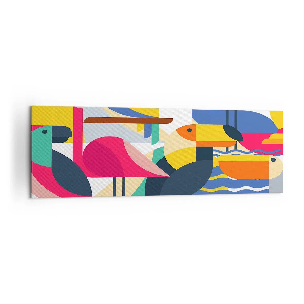 Impression sur toile - Image sur toile - Oiseaux colorés dans une composition abstraite et géométrique - 160x50cm - Fête des oiseaux - Décoration murale moderne pour le salon et la chambre ARTTOR
