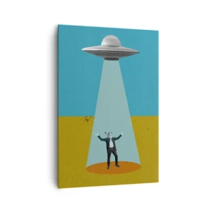 Impression sur toile - Image sur toile - Un homme à la lumière d'un OVNI sur fond de paysage coloré - 70x100cm - Rencontre proche - Décoration murale moderne pour le salon et la chambre ARTTOR