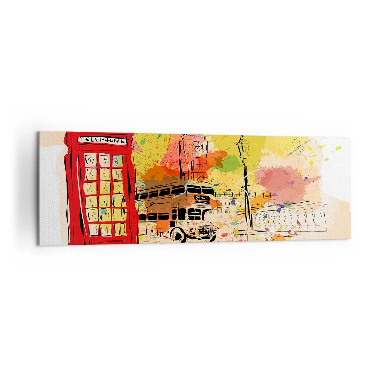 Impression sur toile - Image sur toile - Thème londonien avec bus rouge et stand - 160x50cm - La ville de la variété - Décoration murale moderne pour le salon et la chambre ARTTOR