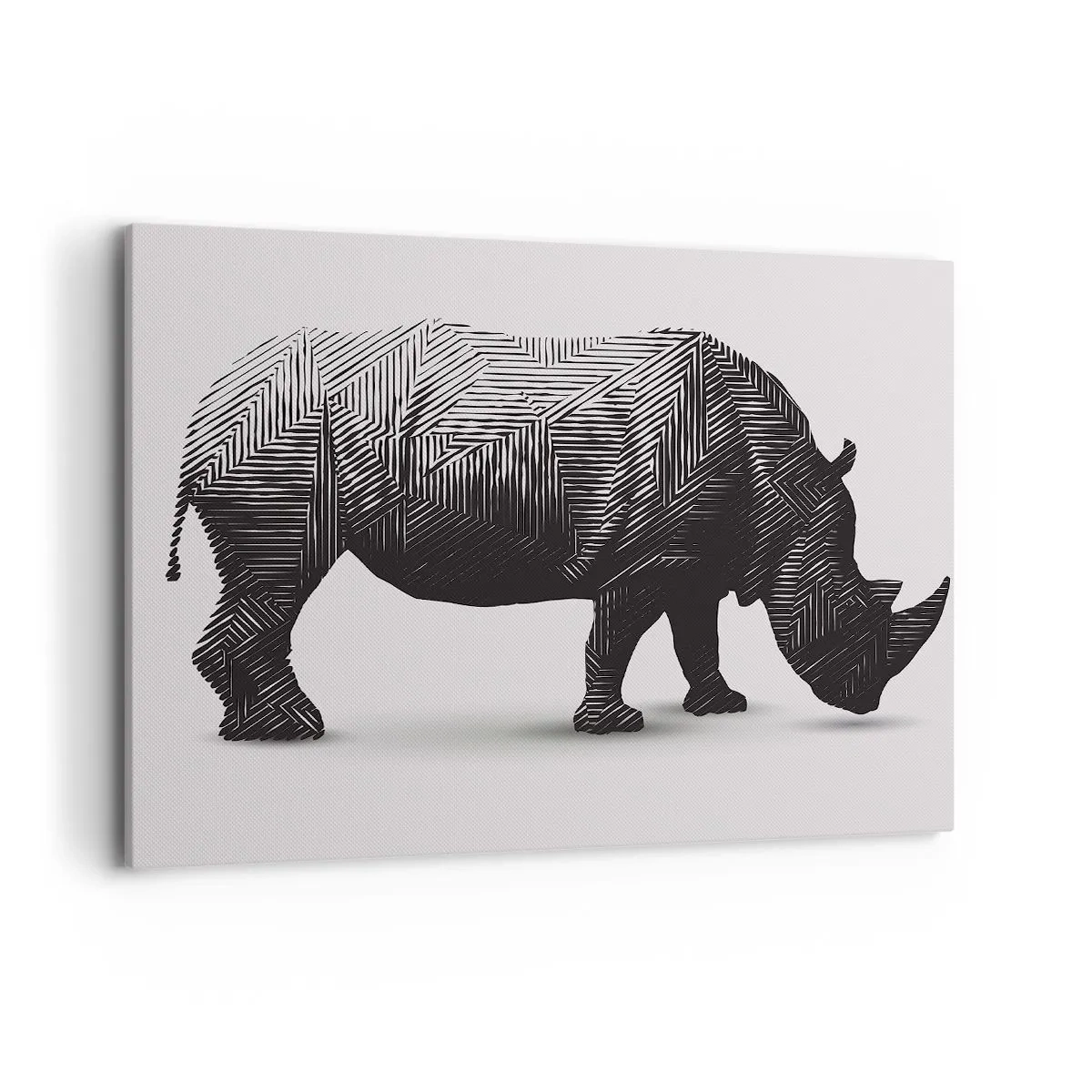 Impression sur toile - Image sur toile - Silhouette graphique d'un rhinocéros dans un motif noir et blanc - 100x70cm - Beauté géométrique de la nature - Décoration murale moderne pour le salon et la chambre ARTTOR