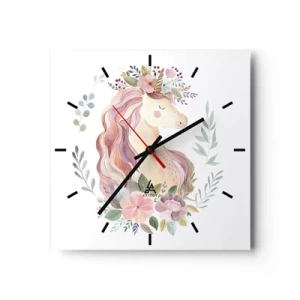 Horloge murale - Pendule murale - Une licorne aux couleurs pastel entourée de fleurs - 30x30cm - Invitation au monde des contes de fées - Décoration murale moderne pour le salon et la chambre ARTTOR