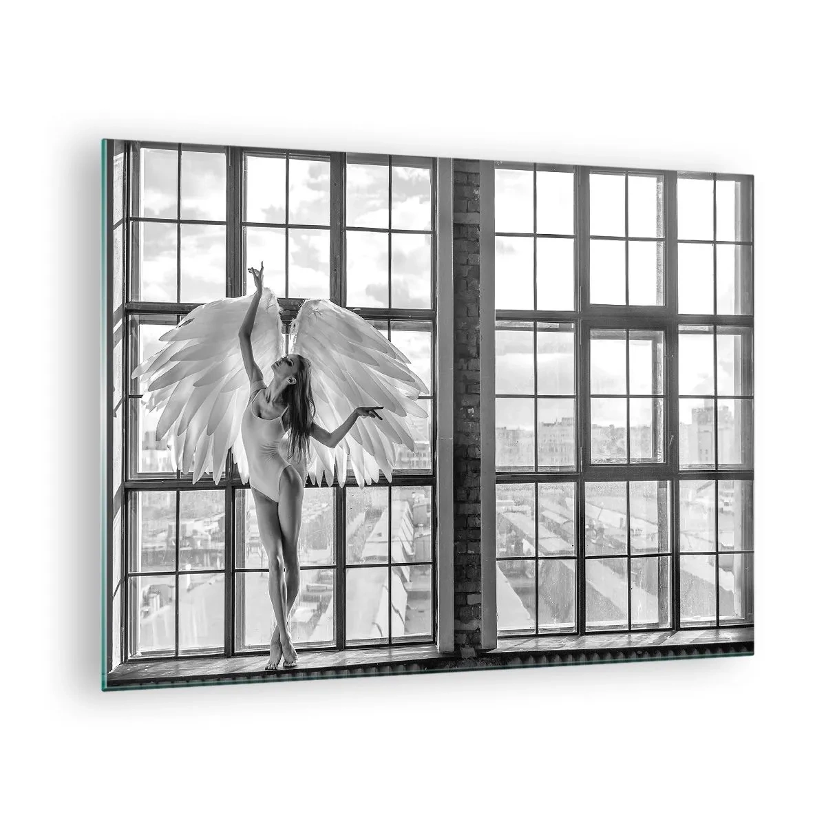 Impression sur verre - Image sur verre - Ballerine avec des ailes d'ange en noir et blanc - 70x50cm - La ville des anges? - Décoration murale moderne pour le salon et la chambre ARTTOR