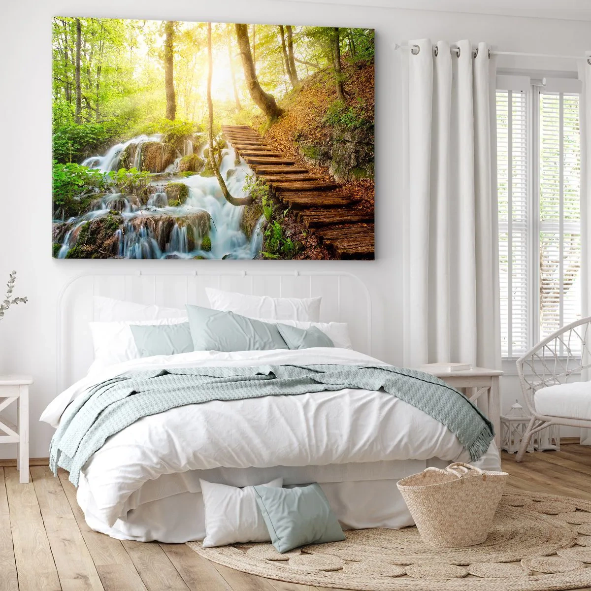 Impression sur toile - Image sur toile - Chemin forestier avec escaliers en bois près de la cascade - 70x50cm - Une fraîcheur tant désirée - Décoration murale moderne pour le salon et la chambre ARTTOR