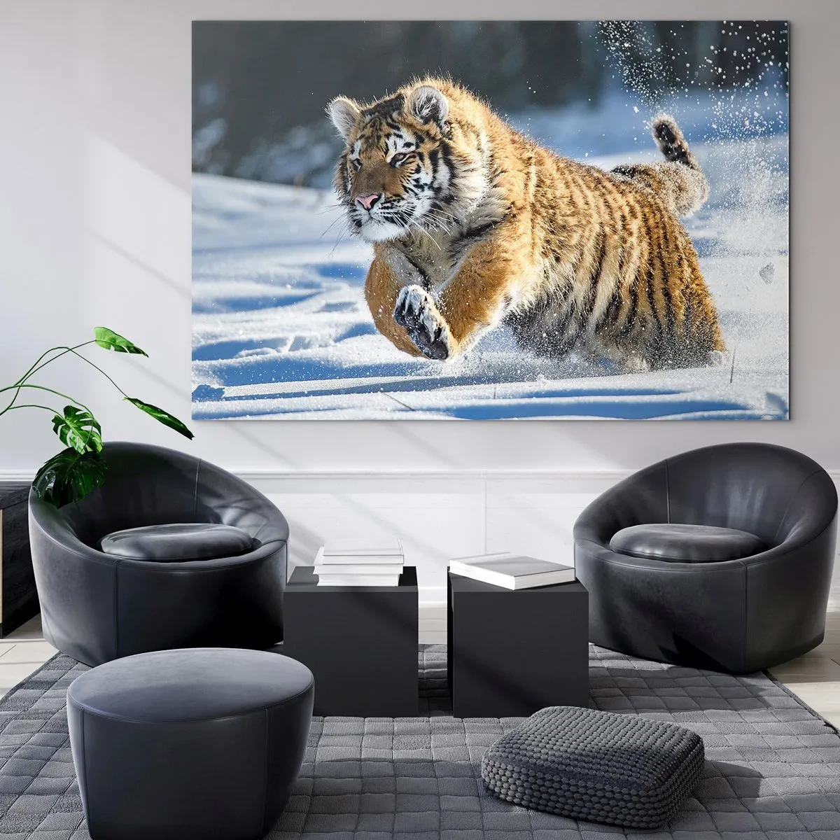 Impression sur verre - Image sur verre - Un tigre de Sibérie court dans la neige dans un paysage hivernal. - 70x50cm - Dieu de la taïga sibérienne - Décoration murale moderne pour le salon et la chambre ARTTOR