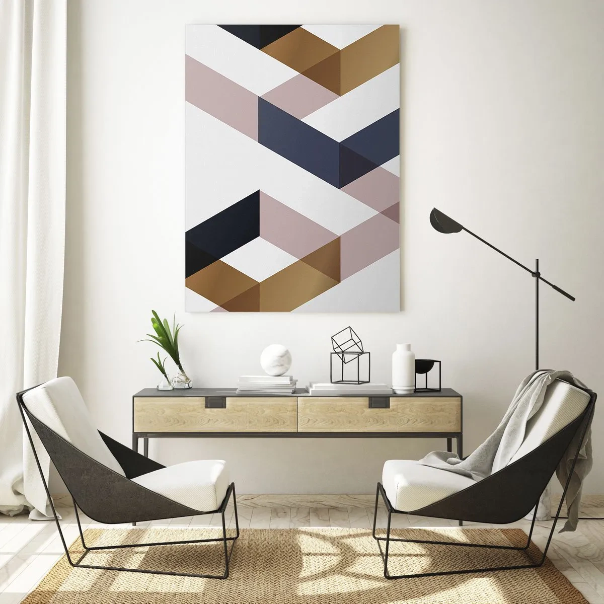 Impression sur verre - Image sur verre - Motif géométrique dans les tons or et beige - 50x70cm - Plats et angles - Décoration murale moderne pour le salon et la chambre ARTTOR