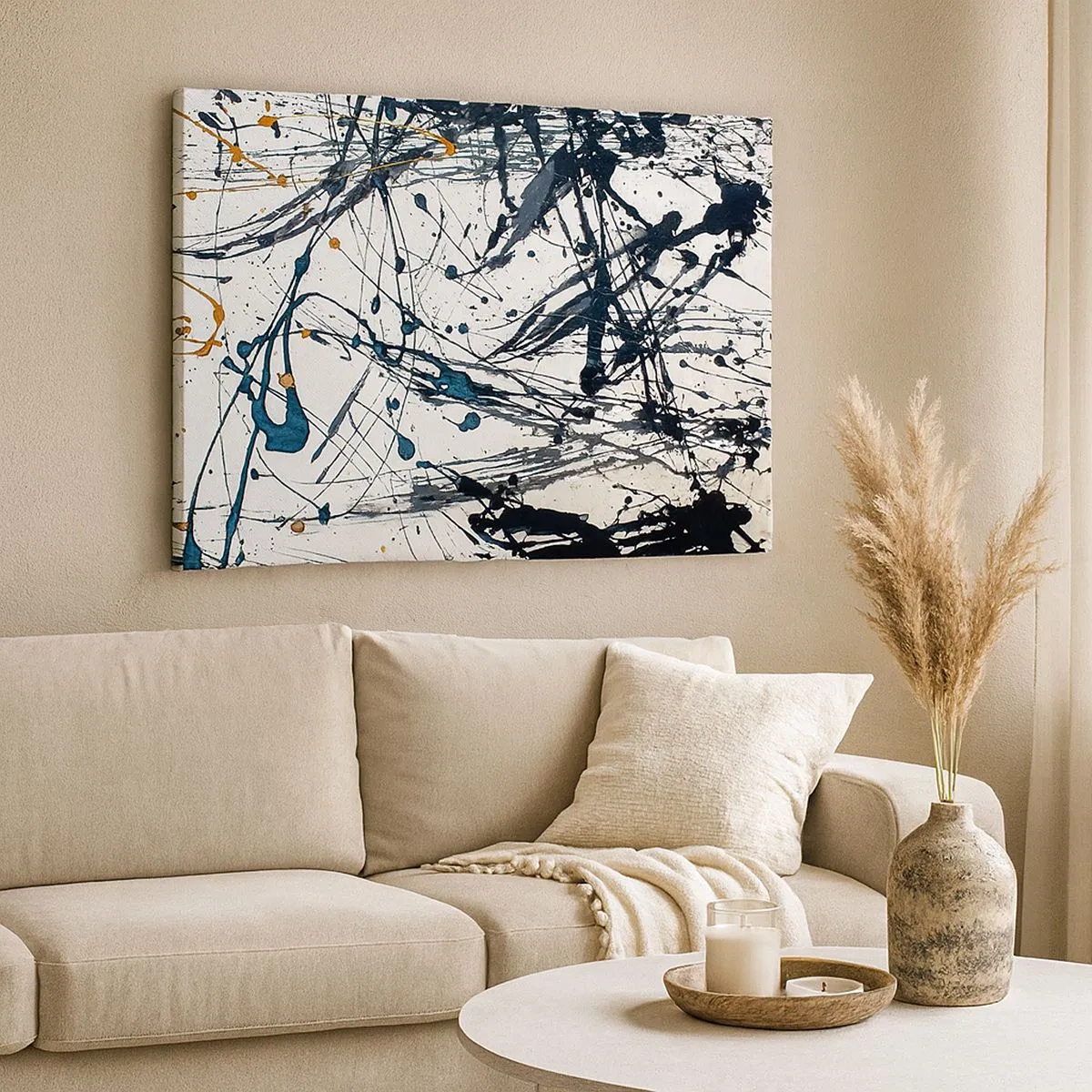 Impression sur toile - Image sur toile - Une peinture abstraite avec des éclaboussures de peinture dans des motifs dynamiques. - 70x50cm - Abstraction expressionniste - Décoration murale moderne pour le salon et la chambre ARTTOR