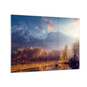 Impression sur verre - Image sur verre - Lumière dorée du matin sur un lac de montagne entouré de forêt - 70x50cm - Dans les montagnes et les vallées - Décoration murale moderne pour le salon et la chambre ARTTOR