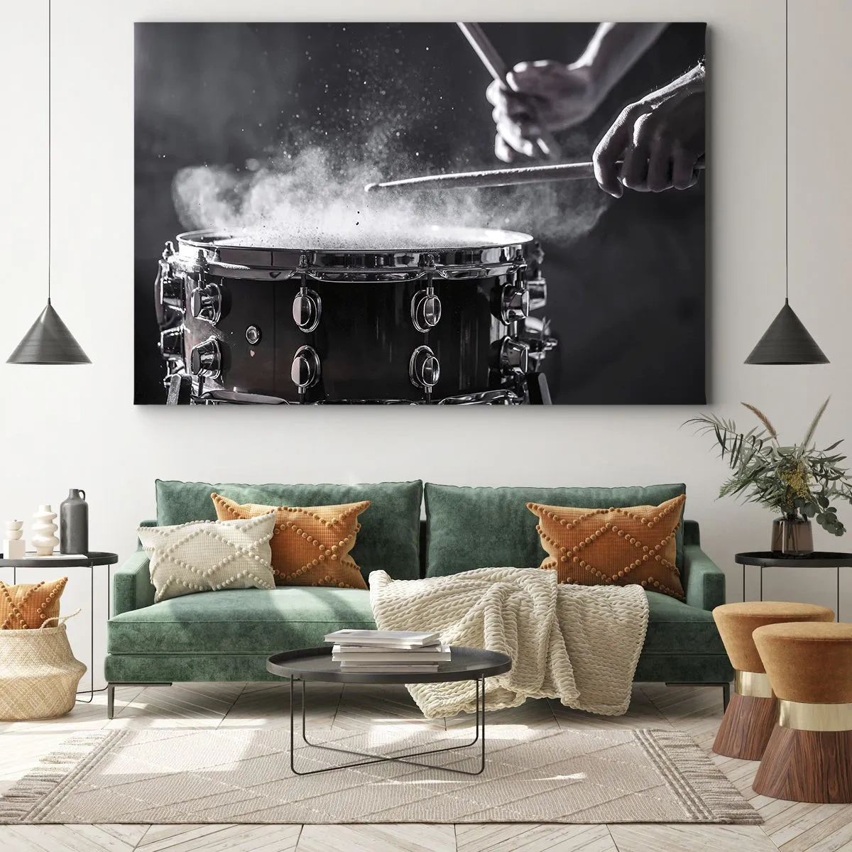 Impression sur toile - Image sur toile - Frapper la caisse claire avec des baguettes avec un effet de poussière - 120x80cm - Tempo de la musique - Décoration murale moderne pour le salon et la chambre ARTTOR