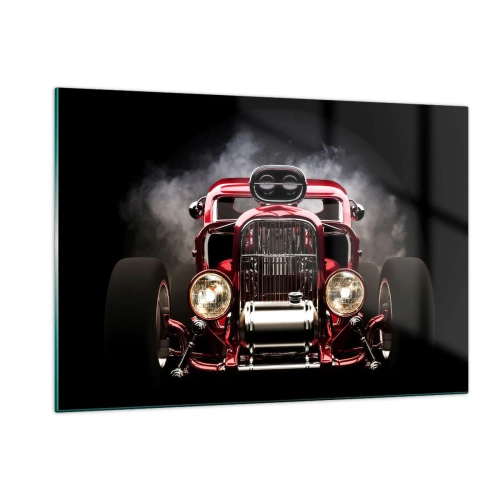 Impression sur verre - Image sur verre - Hot rod rouge dans une épaisse fumée - 120x80cm - Rapide et furieusement beau - Décoration murale moderne pour le salon et la chambre ARTTOR
