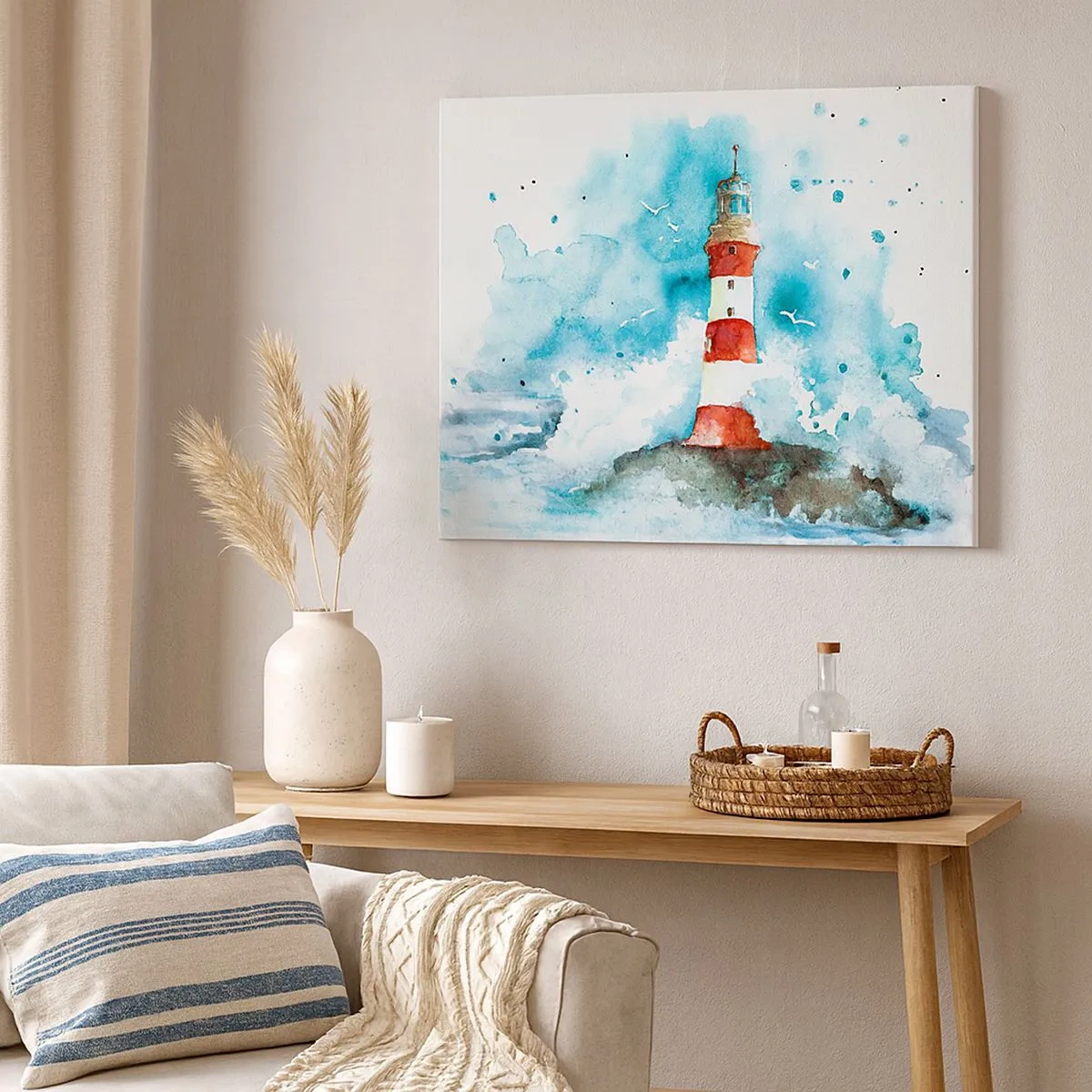 Impression sur toile - Image sur toile - Un phare dans un décor aquarelle sur fond bleu - 70x50cm - Unité des éléments - Décoration murale moderne pour le salon et la chambre ARTTOR