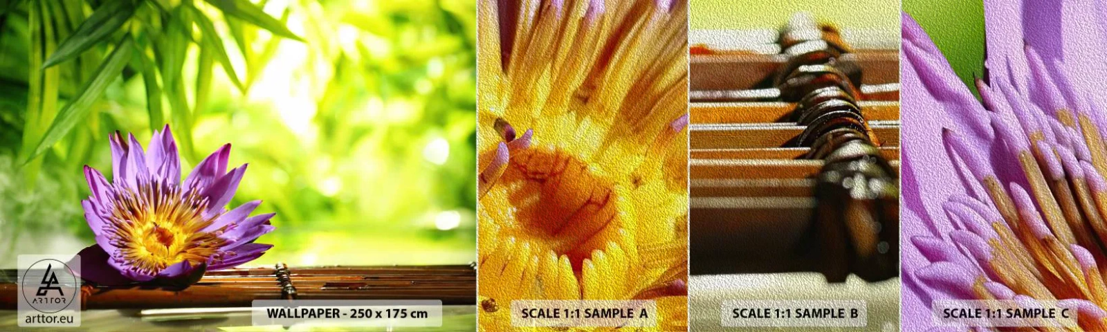 Échantillon de Papier Peint Premium Sand - Sous le soleil asiatique - Fleur, fleur de lotus, Bambou - 100x30 cm