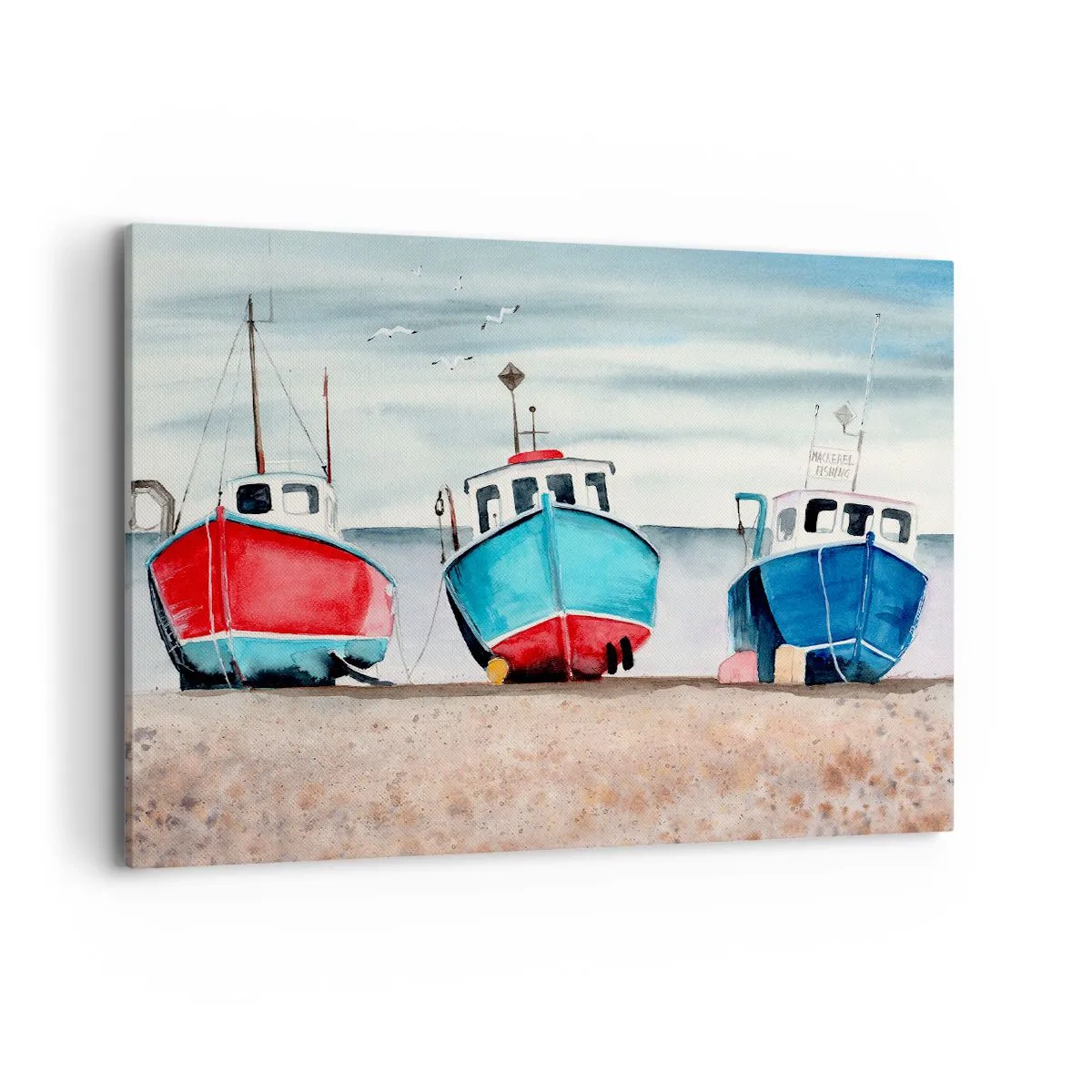 Impression sur toile - Image sur toile - Bateaux de pêche colorés sur le rivage dans un paysage marin - 100x70cm - Prêt pour la pêche - Décoration murale moderne pour le salon et la chambre ARTTOR