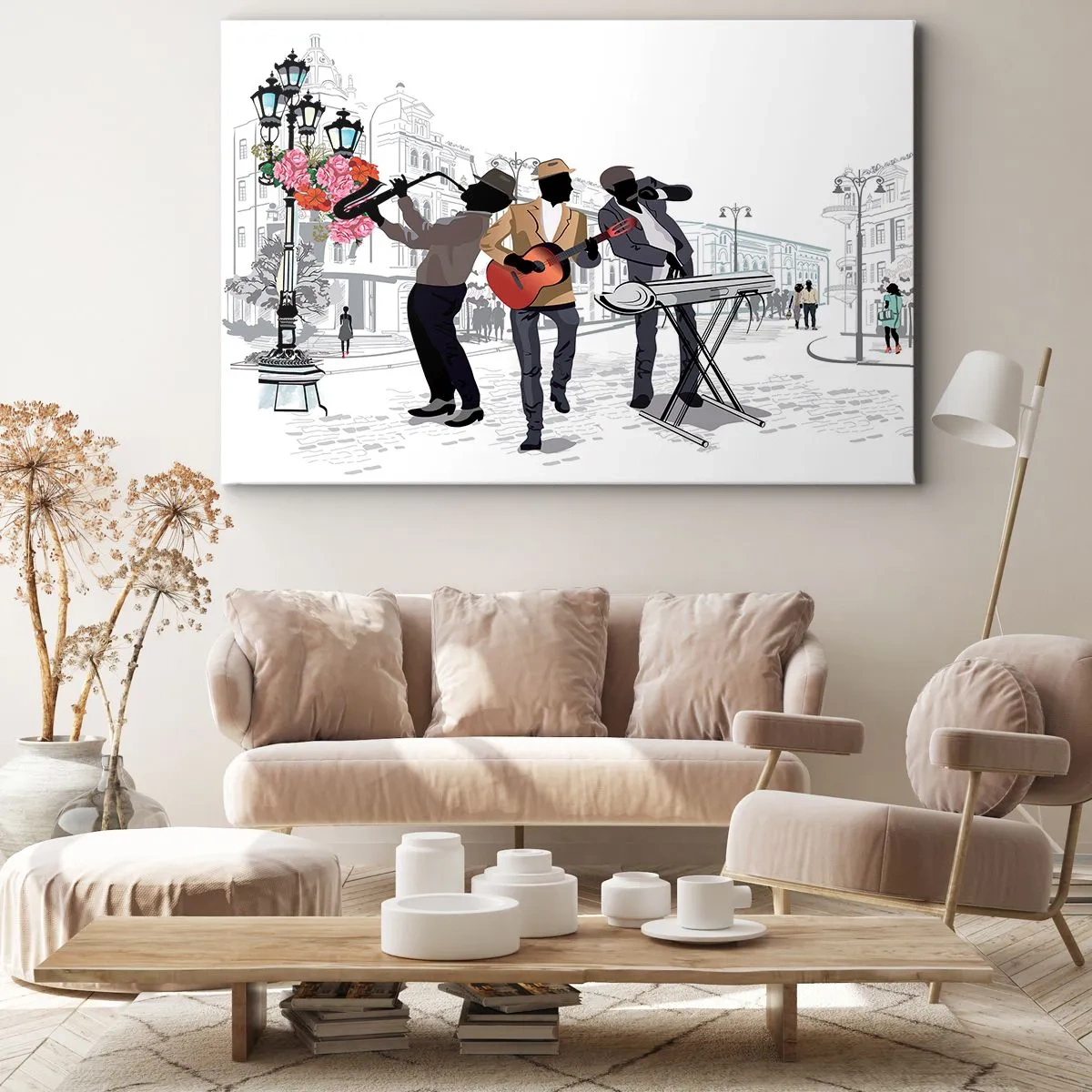 Impression sur toile - Image sur toile - Des musiciens de rue jouent dans un paysage urbain - 100x70cm - Musique de rue - Décoration murale moderne pour le salon et la chambre ARTTOR