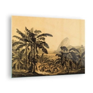 Impression sur verre - Image sur verre - Une illustration vintage d'une plantation de bananes avec une montagne lointaine en arrière-plan. - 70x50cm - Dans un climat colonial - Décoration murale moderne pour le salon et la chambre ARTTOR
