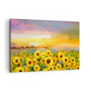 Impression sur toile - Image sur toile - Un champ de tournesols à la lumière du soleil couchant - 100x70cm - Le soleil lui-même est descendu sur terre - Décoration murale moderne pour le salon et la chambre ARTTOR