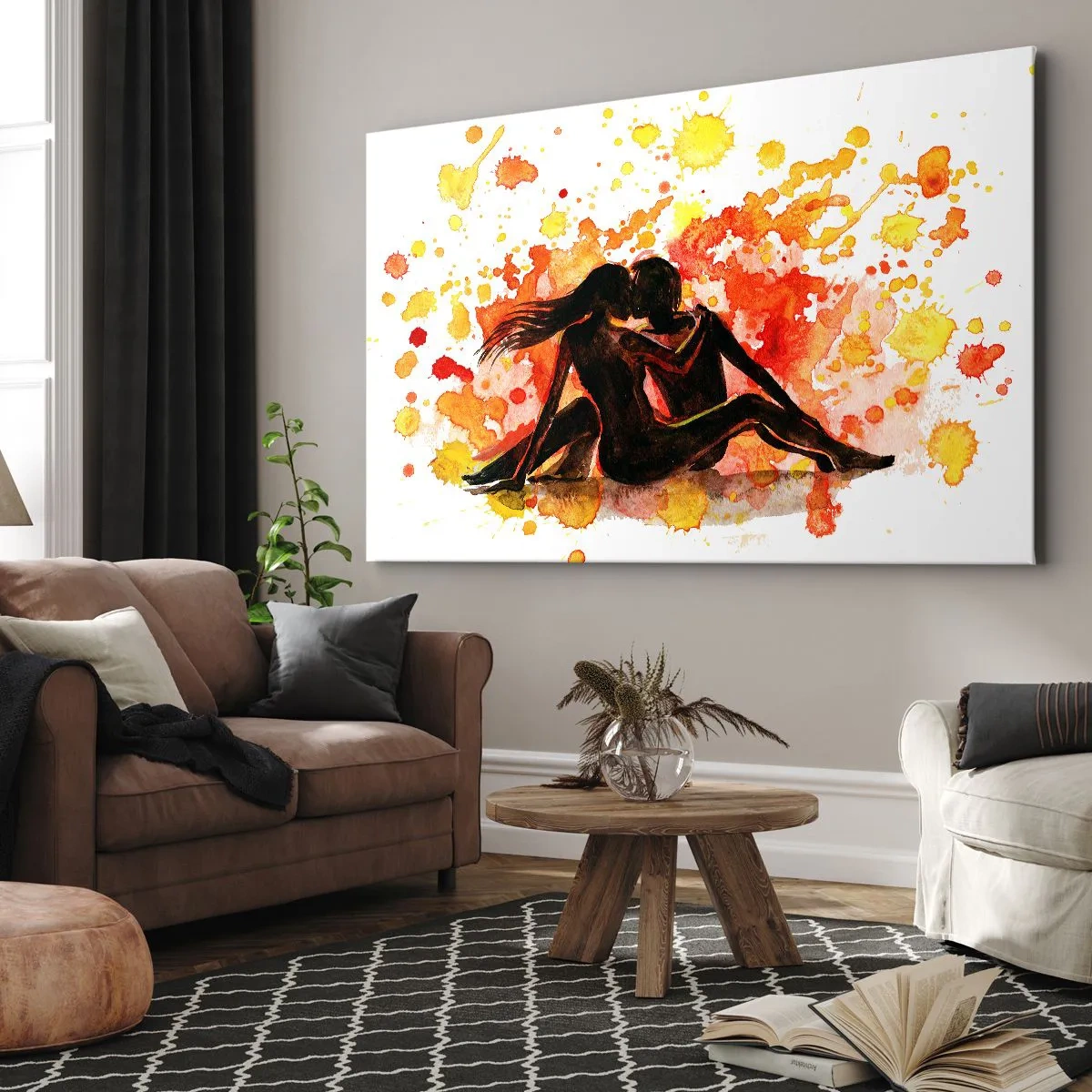 Impression sur toile - Image sur toile - Une aquarelle romantique de deux personnes aux couleurs chaudes. - 120x80cm - Et la lumière fut - Décoration murale moderne pour le salon et la chambre ARTTOR