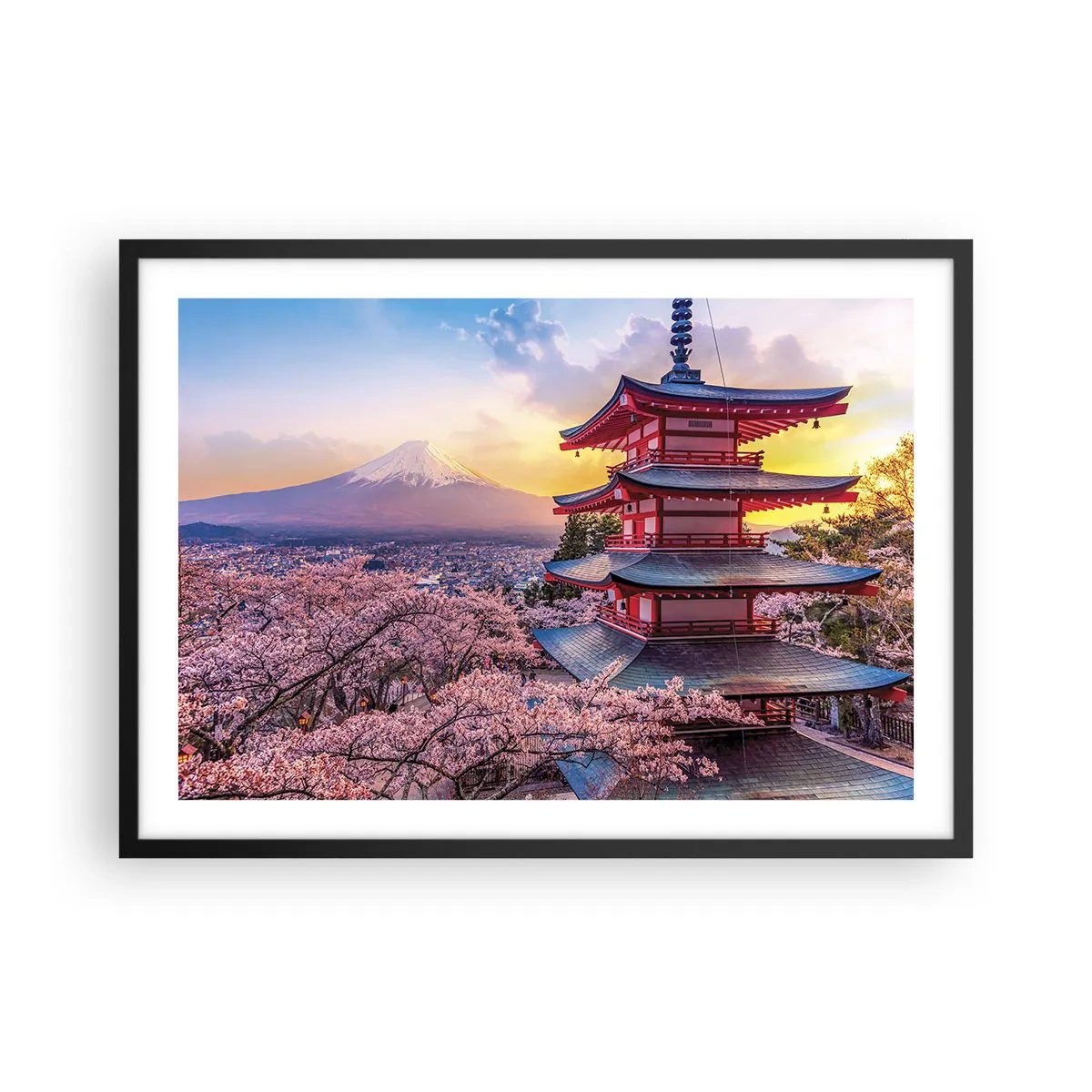 Affiche dans un cadre noir - Poster - Une pagode au Japon avec des cerisiers en fleurs et le mont Fuji - 70x50cm - Essence d'âme japonnaise - Décoration murale moderne pour le salon et la chambre ARTTOR