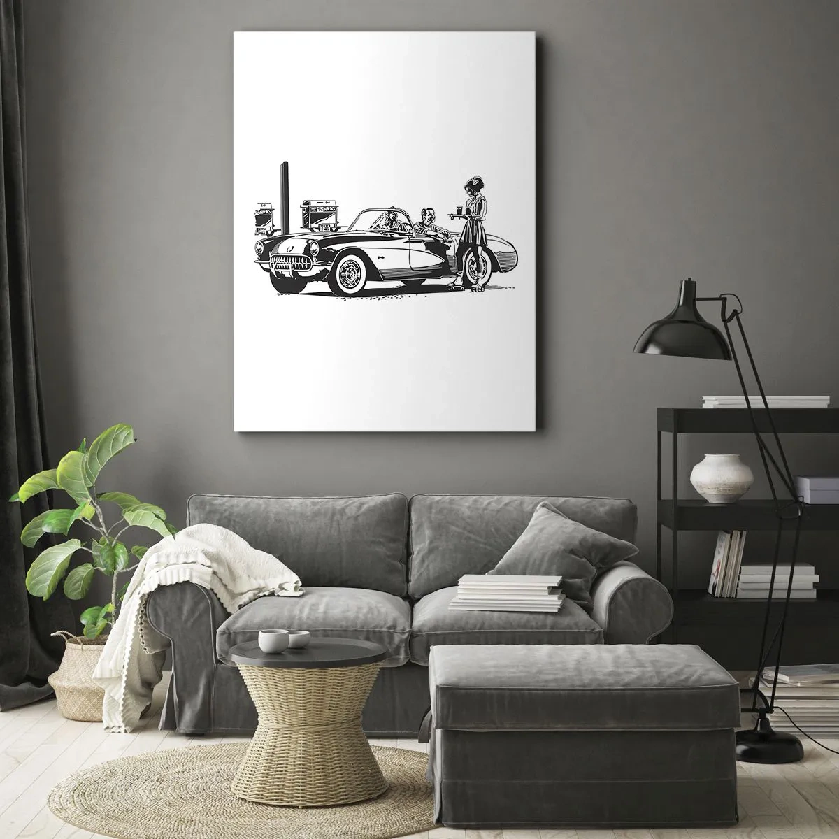Impression sur toile - Image sur toile - Une scène rétro en noir et blanc avec une voiture et une serveuse en patins à roulettes. - 80x120cm - 60's - Amérique insouciante - Décoration murale moderne pour le salon et la chambre ARTTOR