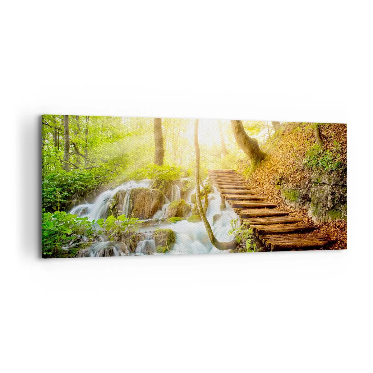Impression sur toile - Image sur toile - Chemin forestier avec escaliers en bois près de la cascade - 120x50cm - Une fraîcheur tant désirée - Décoration murale moderne pour le salon et la chambre ARTTOR