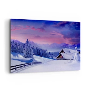 Impression sur toile - Image sur toile - Paysage d'hiver avec chalets de montagne au coucher du soleil - 100x70cm - Douce nuit - Décoration murale moderne pour le salon et la chambre ARTTOR