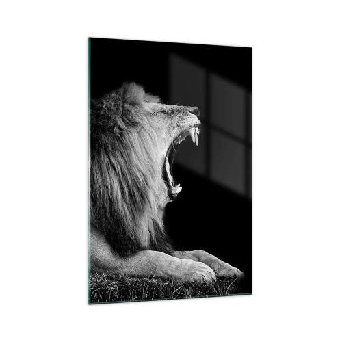 Impression sur verre - Image sur verre - Un lion rugissant sur fond noir dans des tons noir et blanc - 70x100cm - Sans aucun doute - Décoration murale moderne pour le salon et la chambre ARTTOR