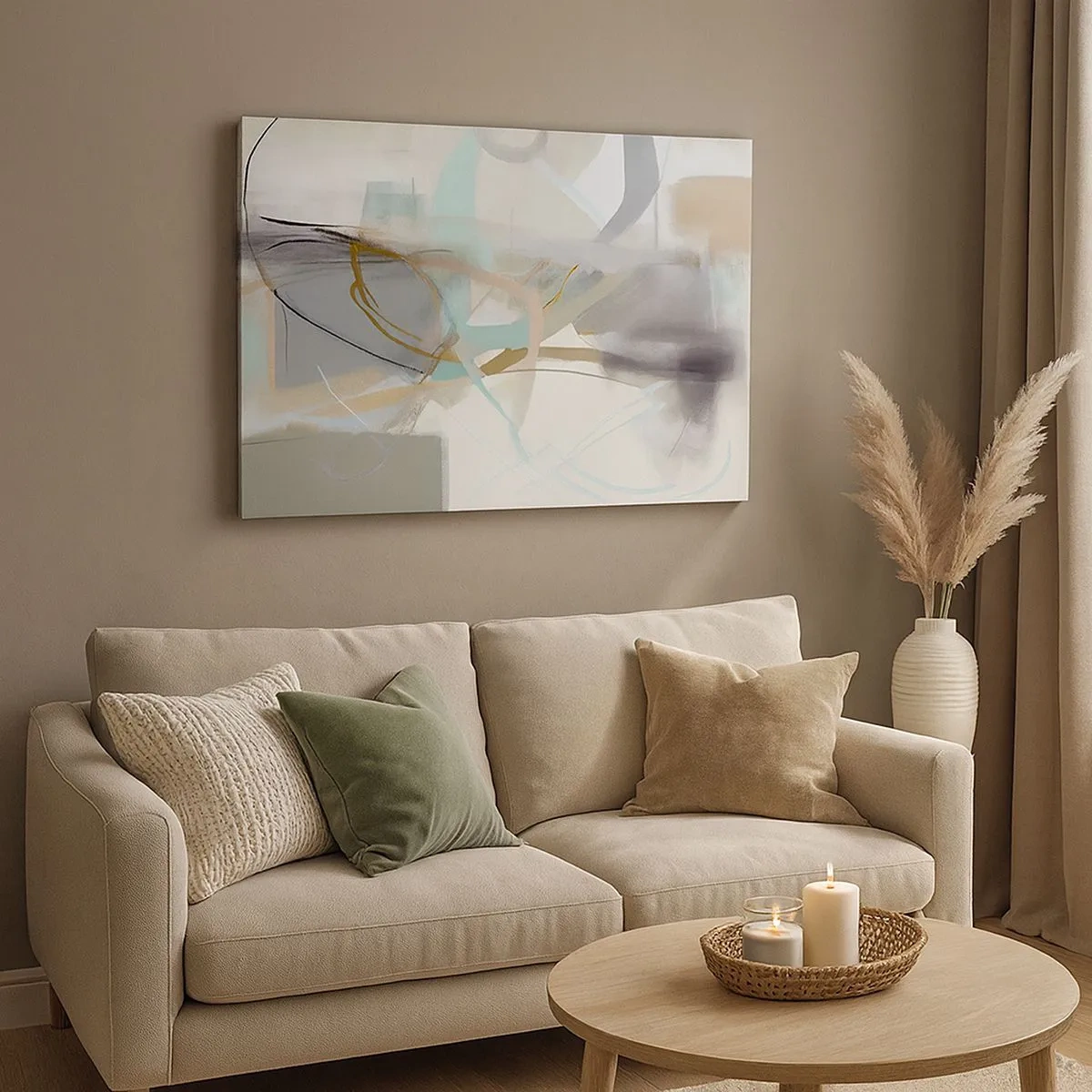 Impression sur toile - Image sur toile - Abstraction pastel aux lignes délicates - 70x50cm - Abstraction brumeuse - Décoration murale moderne pour le salon et la chambre ARTTOR