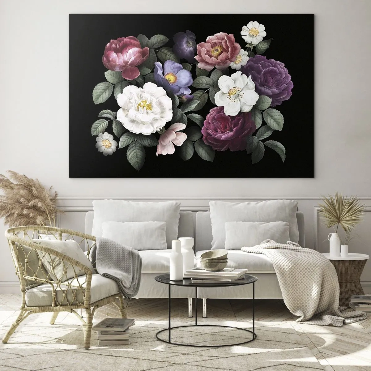 Impression sur verre - Image sur verre - Composition florale avec des pivoines sur fond noir - 70x50cm - D'un jardin anglais - Décoration murale moderne pour le salon et la chambre ARTTOR