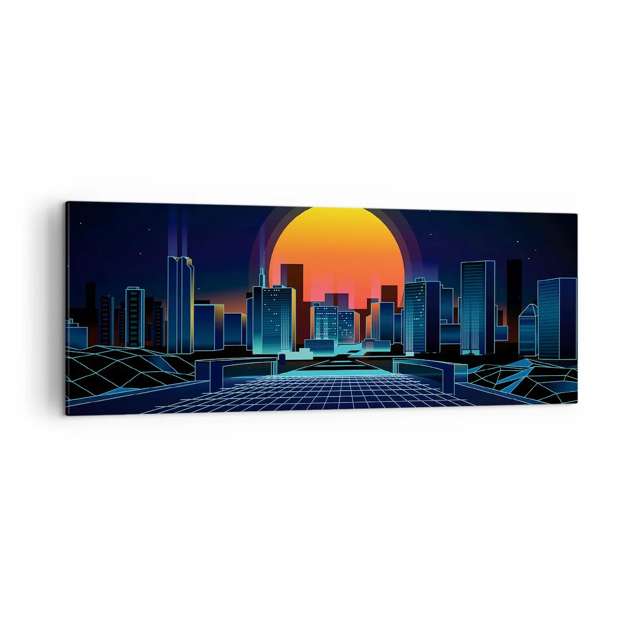 Impression sur toile - Image sur toile - Horizon urbain futuriste de style néon - 140x50cm - Vous voulez toujours passer au réel ? - Décoration murale moderne pour le salon et la chambre ARTTOR