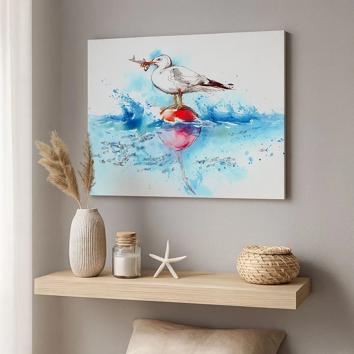 Impression sur toile - Image sur toile - Mouette sur une bouée avec des poissons en arrière-plan dans un style aquarelle - 70x50cm - Prise réussie - Décoration murale moderne pour le salon et la chambre ARTTOR
