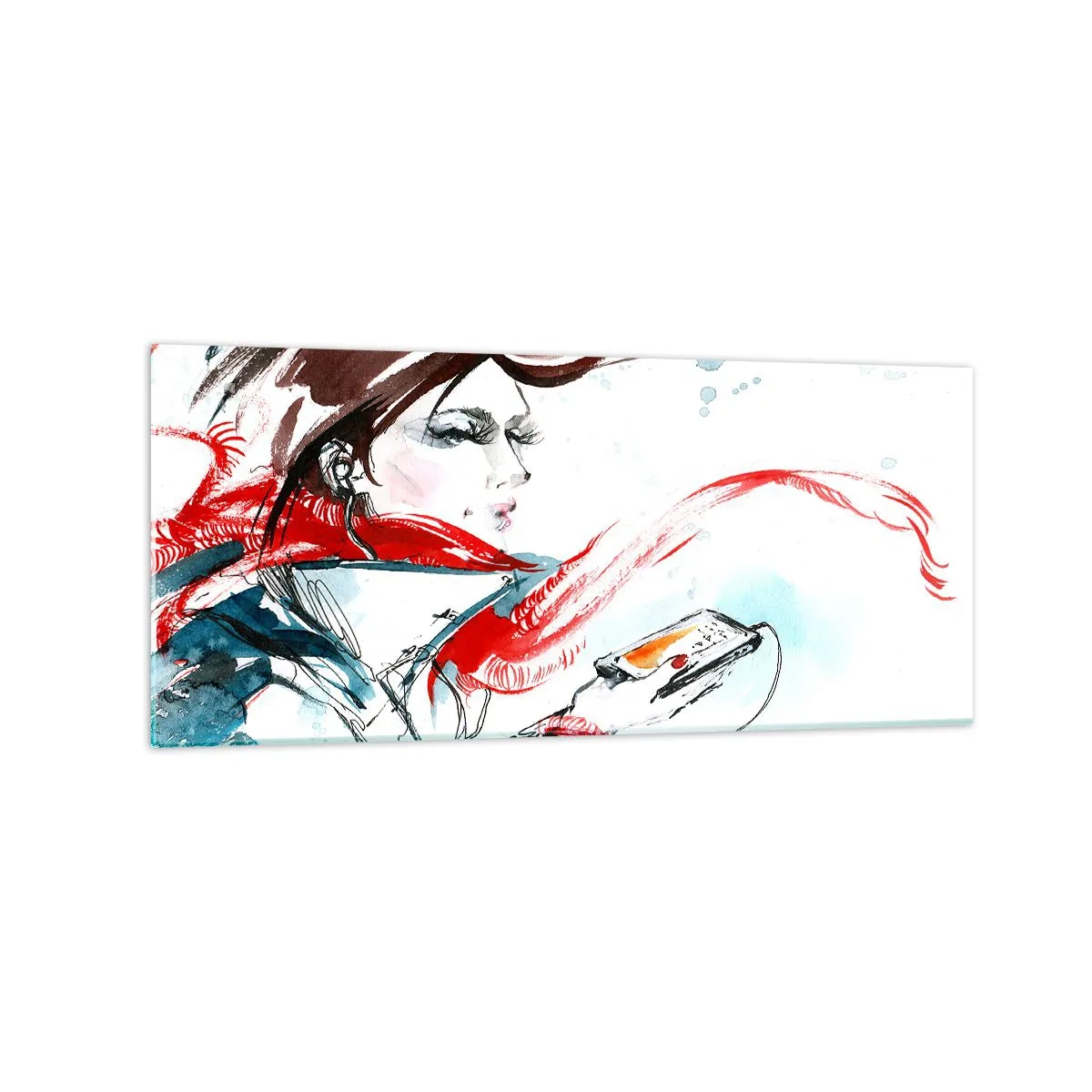 Impression sur verre - Image sur verre - Une femme portant un foulard rouge avec des traits d'aquarelle dynamiques - 120x50cm - Quelque chose se passe en moi - Décoration murale moderne pour le salon et la chambre ARTTOR