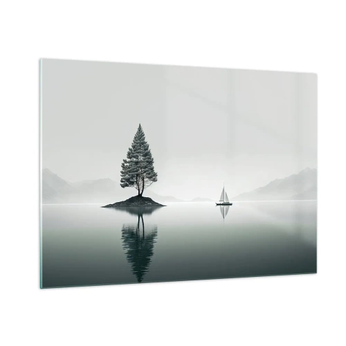 Impression sur verre - Image sur verre - Un arbre solitaire sur une île et un voilier sur un lac calme - 100x70cm - Un rêve somnolent - Décoration murale moderne pour le salon et la chambre ARTTOR