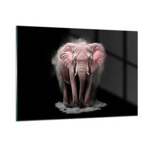 Impression sur verre - Image sur verre - Un éléphant rose sur fond noir entouré d'un nuage de poussière. - 120x80cm - Ne pensez pas à un éléphant rose ! - Décoration murale moderne pour le salon et la chambre ARTTOR