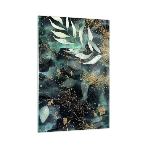 Impression sur verre - Image sur verre - Feuilles élégantes sur un fond sombre avec des accents dorés - 80x120cm - Jardin magique - Décoration murale moderne pour le salon et la chambre ARTTOR
