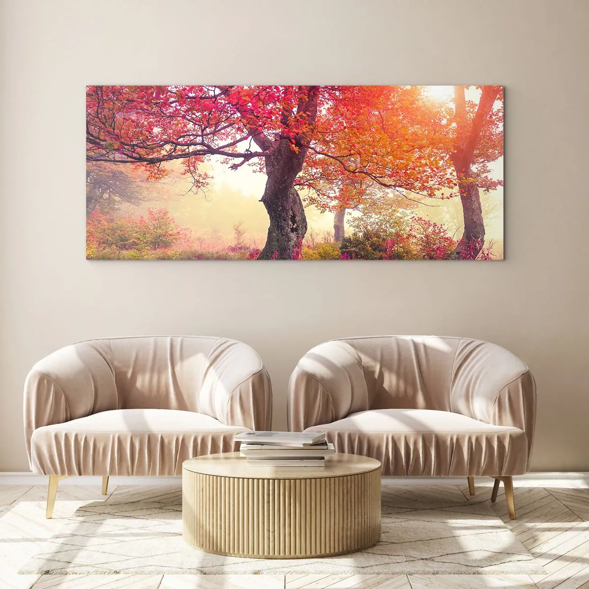 Impression sur verre - Image sur verre - Paysage d'automne avec des arbres aux couleurs intenses - 120x50cm - Frénésie de floraison - Décoration murale moderne pour le salon et la chambre ARTTOR