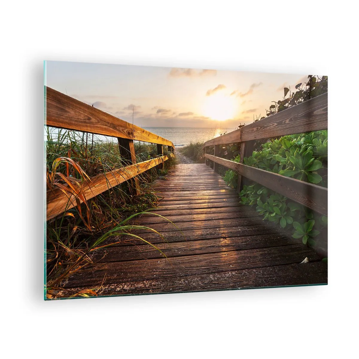 Impression sur verre - Image sur verre - Passerelle en bois menant à la plage au coucher du soleil - 70x50cm - Tout droit vers le rivage - Décoration murale moderne pour le salon et la chambre ARTTOR