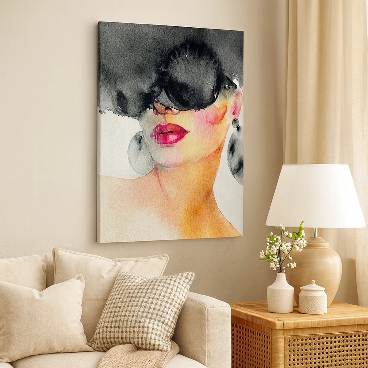 Impression sur toile - Image sur toile - Une femme portant des lunettes élégantes et de grandes boucles d'oreilles - 50x70cm - Secret de l'élégance - Décoration murale moderne pour le salon et la chambre ARTTOR
